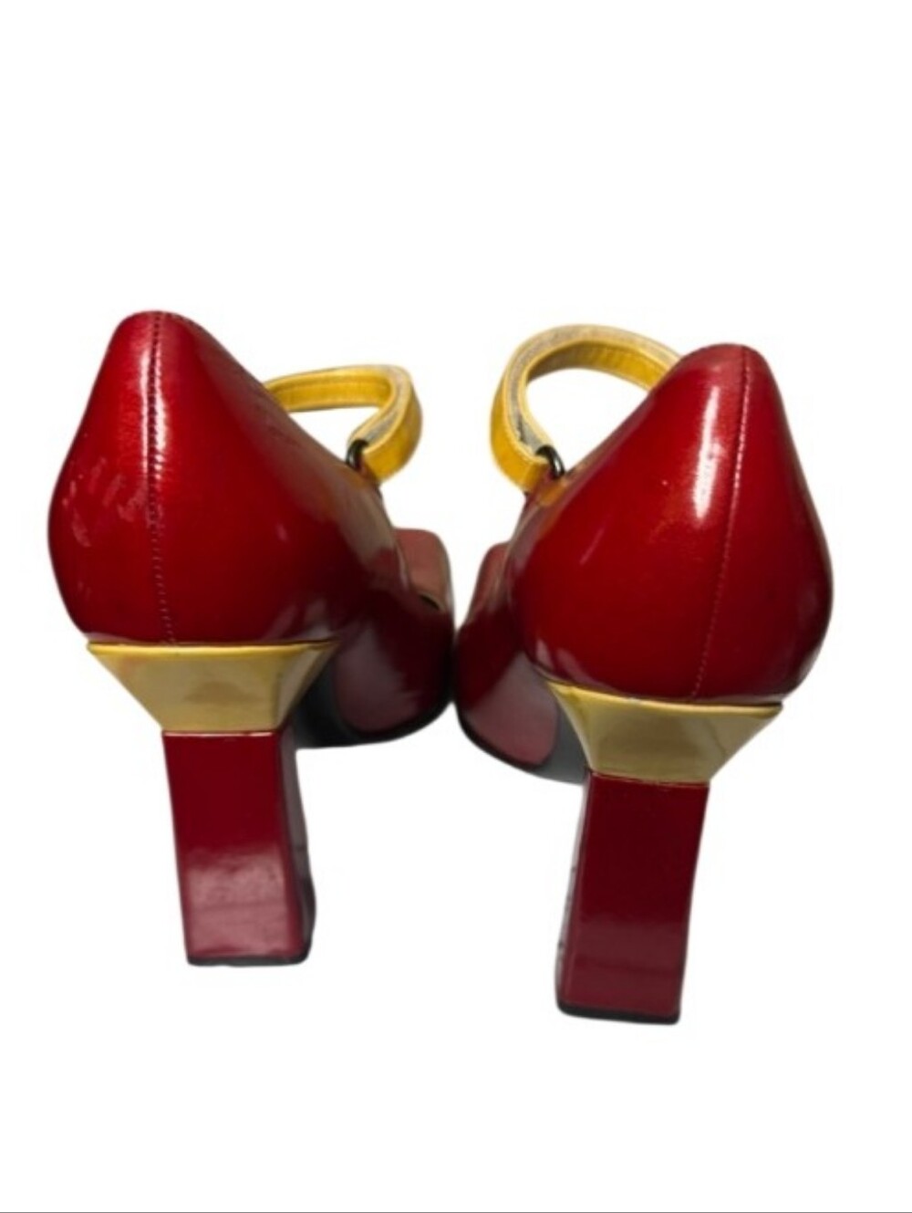 Prada Vintage Red Patent Block Heel Sandals with Gold Accent